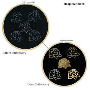 May include: An 8-inch embroidery hoop with a black fabric background. The fabric has five white outlines of roses before embroidery. The hoop is shown again with the same five roses embroidered in gold thread. "Hoop Size 8 inch" is written above the first hoop. "Before Embroidery" is written below the first hoop. "Done Embroidery" is written below the second hoop.