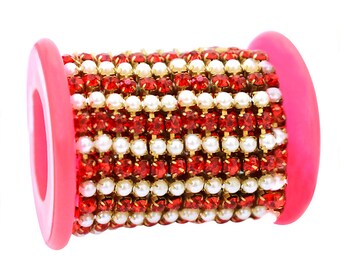 Rhinestone chain Trim Crystal Cup Chain Scarlet Red Crystal & Cream Pearl Banding Chain Crystal Cup for jewelry making-(12SS)3MM