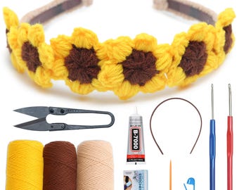 DIY Crochet Sunflower Headband Kit, Floral Craft Kit for Beginners, Complete Kit with Wool & Hooks, Handmade Sunshine Gift
