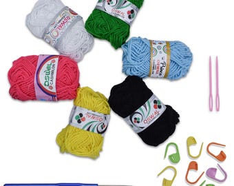 Haakpakket voor beginners, 6 kleuren wol, haak- en plastic naalden, stekenmakers, doe-het-zelfproject