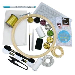 Embroidery Kit beginner,starter embroidery kit/Embroidery DIY Kit with Hoops,french wire,threads,zari,needle,sequins,beads,fabric-1 Kit