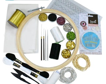 Embroidery Kit beginner,starter embroidery kit/Embroidery DIY Kit with Hoops,french wire,threads,zari,needle,sequins,beads,fabric-1 Kit