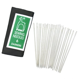 May include: A package of Pony sewing needles with a green and white label, and a black case. The label reads "PONY SEWING NEEDLES 6 DARNERS" with a logo of a horse. A bundle of silver sewing needles is next to the package.