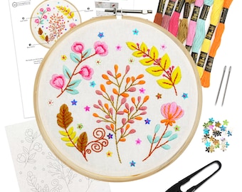 DIY bloemenborduurpakket, borduurset voor beginners, bloemborduurring, knutselpakket cadeau, bloemennaaldpunt (grillige bloemen)