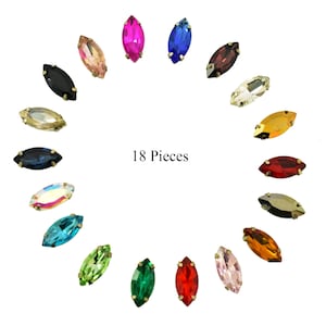 Assorted Color Sew on Glass Marquise Crystal Stone with Catcher/Rhinestones beads/Sew On Rhinestone With Brass Catcher-18Pieces(Size:7x15MM)