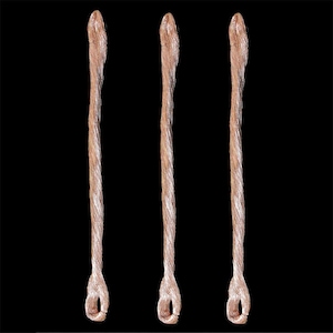 Può includere: Tre cordoncini ritorti color rame su sfondo nero. Ogni cordoncino ha un'asola in basso e una parte superiore affusolata. I cordoncini sembrano essere fatti di un materiale fine e fibroso.
