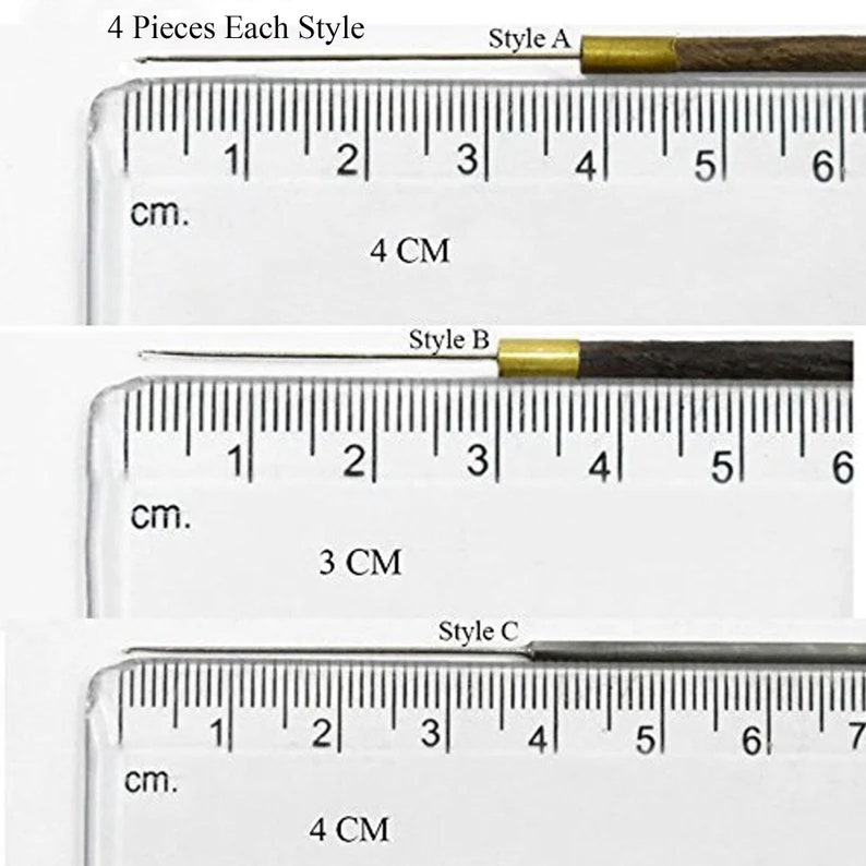 May include: Three styles of needles are shown, each with a different design. Style A and C are 4 cm long, while Style B is 3 cm long. Each needle has a metal tip and a dark brown handle with a gold-colored ferrule. The text "4 Pieces Each Style" is visible.