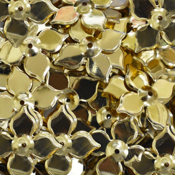 50 Gram(300 Pieces), 18x25MM Flower Shape Gold Color Sequins-EMBSQ5140