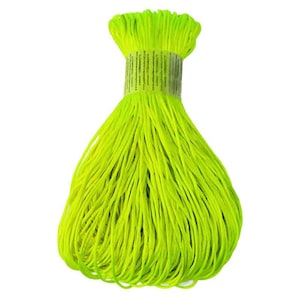 May include: A bundle of bright neon green string, tightly wrapped with a paper label. The string is a vibrant, eye-catching color, perfect for crafting or other creative projects. The string is tightly wound and ready for use.