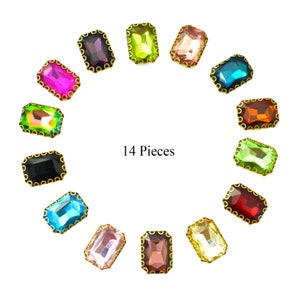 Assorted Color Sew on Glass Octagon Crystal Stone Loose Rhinestones beads Sew On Rhinestone With Claw Brass Catcher- 14Pieces