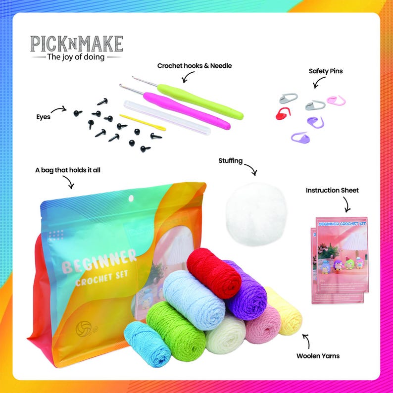 May include: A beginner crochet set with various components. The kit includes crochet hooks, safety pins, stuffing, instruction sheets, and colorful woolen yarns. The set is packaged in a bag with the text "BEGINNER CROCHET SET".