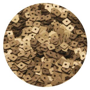 May include: A close-up image of a pile of small, square-shaped sequins. The sequins are a mix of light brown and dark brown colours.