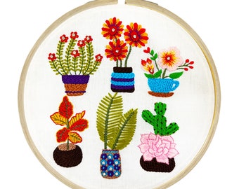 Kit de broderie motif pots de fleurs, instructions imprimées et écrites, tout le matériel est inclus.