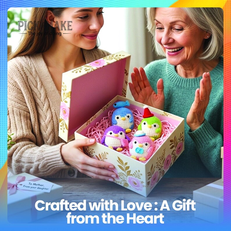 May include: A gift box with a pink interior and floral design, containing five colorful crocheted penguin figurines. The box is being opened by two people. The text "Crafted with Love: A Gift from the Heart" is at the bottom.