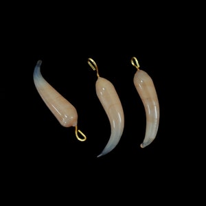 May include: Three pendants with a curved, tooth-like shape. The pendants are a light peach color with a gradient of pale blue at the tips. Each pendant has a small gold-colored loop at the top for hanging.