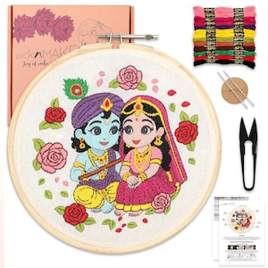 May include: Embroidery kit featuring a colorful design of two cartoon figures surrounded by roses. The kit includes embroidery floss, needles, scissors, and a wooden hoop. The box reads "picknMAKE Joy of embroidery."