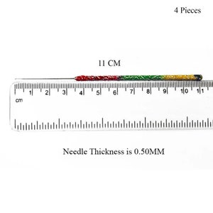 May include: A slender needle, approximately 4.3 inches long, with a colorful handle. The handle features red, green, and yellow sections. The needle thickness is 0.50MM. The image also shows the text "4 Pieces".