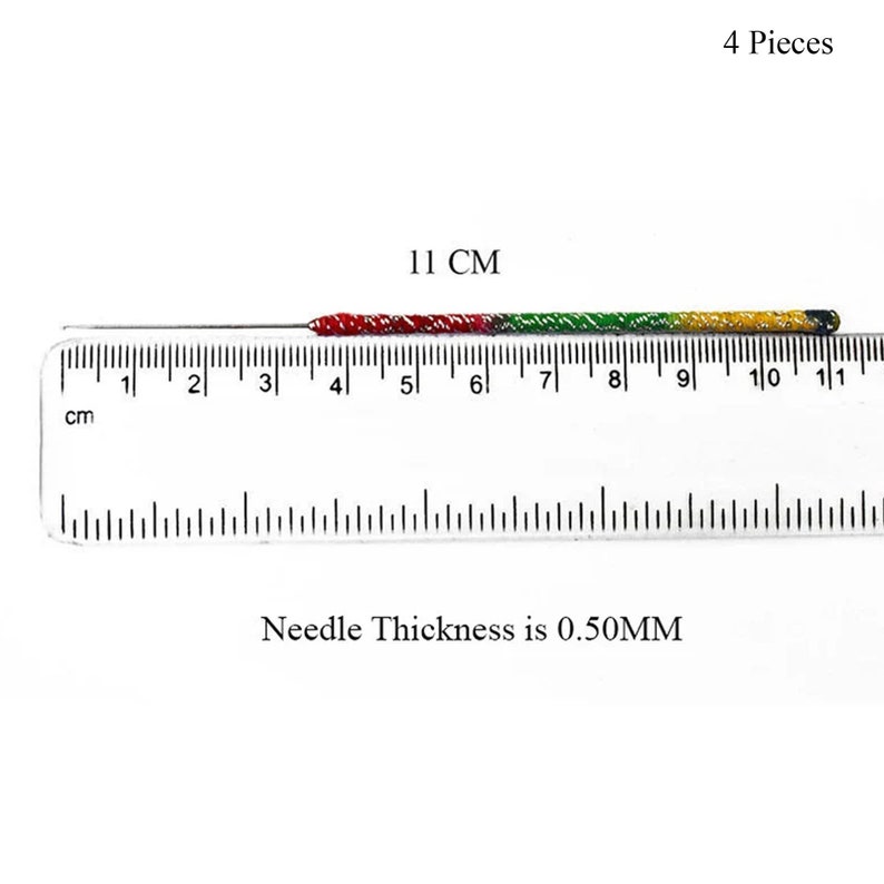 May include: A slender needle, approximately 4.3 inches long, with a colorful handle. The handle features red, green, and yellow sections. The needle thickness is 0.50MM. The image also shows the text "4 Pieces".