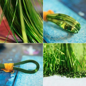 May include: Green metallic wire, also known as craft wire, is shown in four different views. The wire is thin and flexible, and it is perfect for crafting projects. The wire is shown in a close-up view, a view of the wire coiled up, a view of the wire in a bundle, and a view of the wire being used to create a loop.
