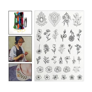 Puede incluir: Una imagen con suministros y diseños de bordado. En la parte superior izquierda se muestran hilos de bordar coloridos, tijeras e hilo. El lado derecho muestra una hoja de patrones de bordado floral. La parte inferior izquierda muestra una pintura de una mujer bordando.