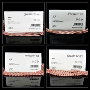 May include: Four packages of Swarovski crystal beads in rose peach pearl color. The packages are labeled with the size of the beads in millimeters: 3 mm, 4 mm, 5 mm, and 6 mm. Each package includes the quantity of beads: 1000 pcs, 500 pcs, 500 pcs, and 500 pcs.