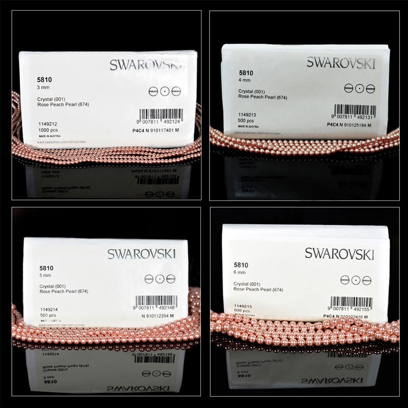 May include: Four packages of Swarovski crystal beads in rose peach pearl color. The packages are labeled with the size of the beads in millimeters: 3 mm, 4 mm, 5 mm, and 6 mm. Each package includes the quantity of beads: 1000 pcs, 500 pcs, 500 pcs, and 500 pcs.