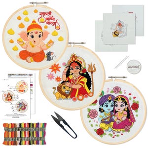 May include: Embroidery kit featuring three circular designs with religious figures. One depicts a deity with a lion, another shows a deity with a mouse, and the third shows a couple. Includes thread, needles, scissors, and instructions.
