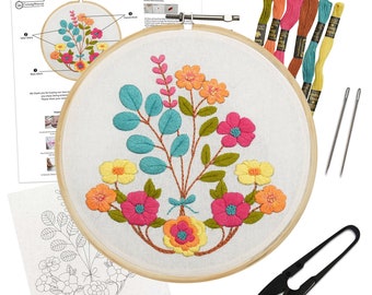 花柄刺繍キット（フープ付き）、ボタニカルステッチセット、DIY針仕事用品、初心者向け刺繍プロジェクト（花束）