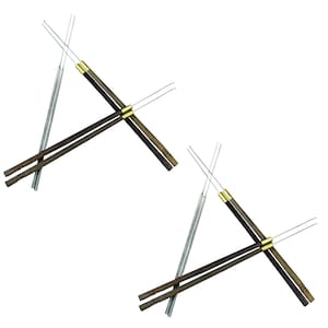 May include: Two sets of incense holders. Each set includes two dark brown wooden sticks with a gold-colored band and two silver-colored metal sticks. The incense holders are arranged in a crisscross pattern.