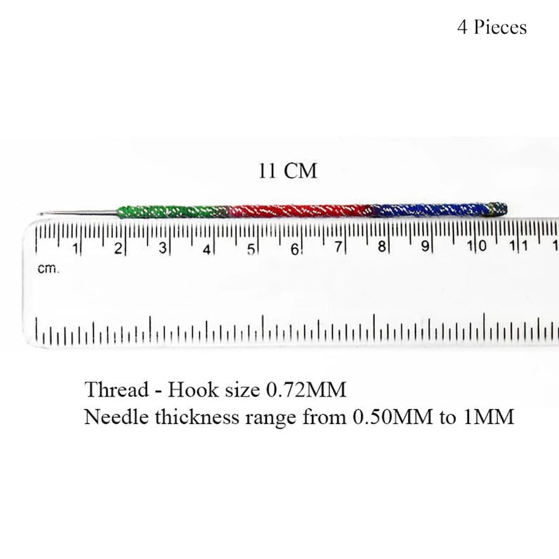 May include: A colorful crochet hook, approximately 4.3 inches long, with green, red, and blue sections. The hook is measured against a ruler, and the text indicates a hook size of 0.72mm and a needle thickness range from 0.50mm to 1mm. The image also states "4 Pieces".