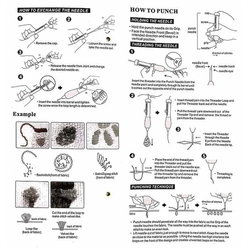 Pode incluir: Instru&ccedil;&otilde;es ilustradas sobre como trocar e enfiar uma agulha de pun&ccedil;&atilde;o para bordado. As instru&ccedil;&otilde;es mostram como remover a tampa, afrouxar o parafuso, inserir a agulha e apertar o parafuso. As instru&ccedil;&otilde;es tamb&eacute;m mostram como enfiar a agulha com fio e como perfurar a agulha atrav&eacute;s do tecido.