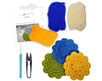 DIY Crochet Kit for Tea Coasters, Beginners Crochet Set, Coaster Making Kit, Handmade Gift Set, Craft Supplies, learn to crochet
