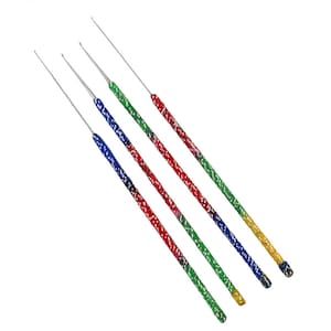 May include: Four colorful crochet hooks with metal tips. The hooks are decorated with red, green, blue, and yellow beads.