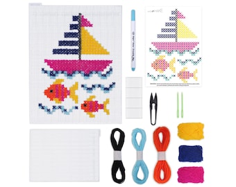Cross Stitch Kit for Kids | Beginner DIY Embroidery Kit | Craft Kit with Plastic Mesh, Yarn, Needle |New Hobby Kit to Learn Stitching