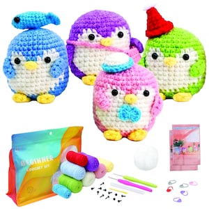 May include: A beginner crochet kit with colorful yarn, crochet hooks, and various accessories. The kit includes four crocheted penguin figures in blue, purple, pink, and green, each with unique hats or accessories. The kit also includes a beginner crochet set.