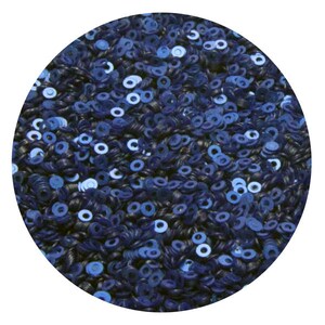 May include: A close-up of a large quantity of blue and dark blue sequins. The sequins are small and round, with a hole in the center.