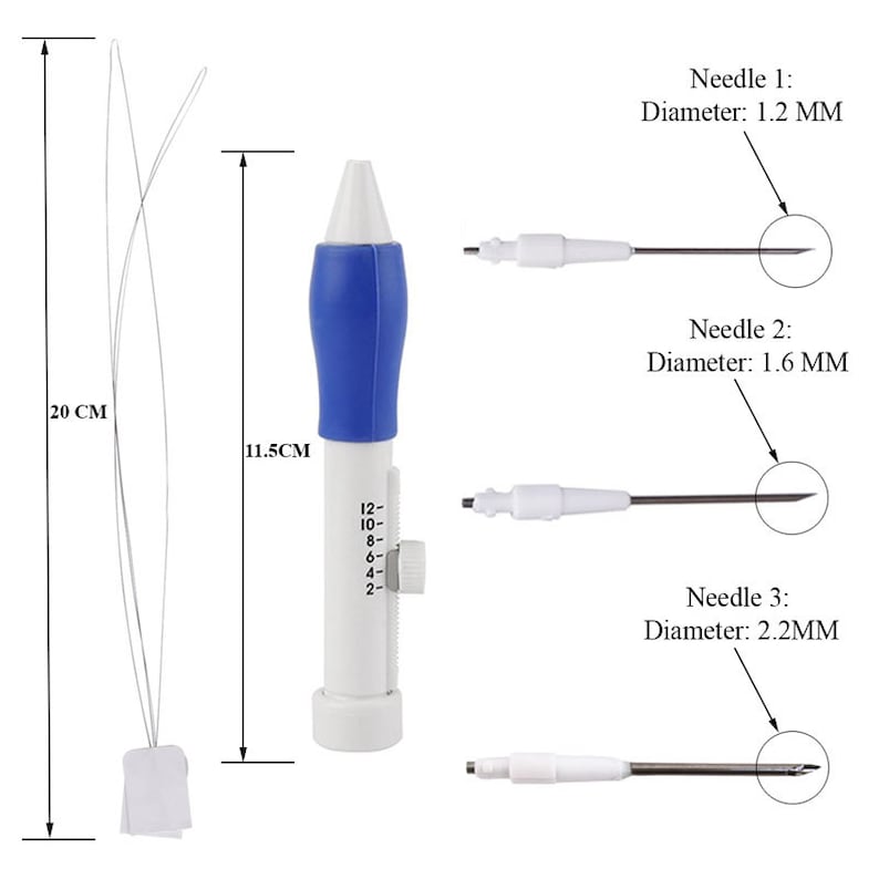 Pode incluir: Uma ferramenta de enfiar azul e branca com um porta-agulhas e tr&ecirc;s agulhas intercambi&aacute;veis. As agulhas s&atilde;o etiquetadas com seus di&acirc;metros: 1,2 mm, 1,6 mm e 2,2 mm. A ferramenta tem 11,5 cm de altura e as agulhas t&ecirc;m 20 cm de comprimento.