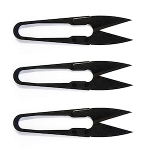 May include: Three black thread snips with a small loop handle. The snips are made of metal and have a sharp point.