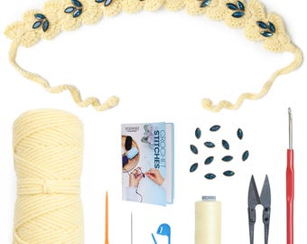 Ivory Crochet Tie Headband Kit, Beaded Boho Lace DIY Set, Complete with Wool, Hook & Crystal Beads for Bridal or Everyday