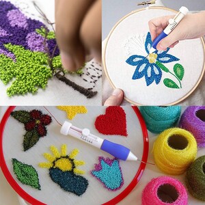 Pode incluir: Um close-up de uma ferramenta de pun&ccedil;&atilde;o com uma al&ccedil;a azul e um corpo branco. A ferramenta &eacute; usada para criar uma variedade de designs coloridos em tecido, incluindo flores, cora&ccedil;&otilde;es e folhas. A ferramenta &eacute; mostrada com uma variedade de fios de bordado coloridos.
