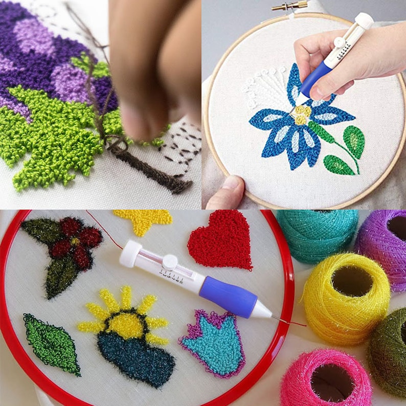 Pode incluir: Um close-up de uma ferramenta de pun&ccedil;&atilde;o com uma al&ccedil;a azul e um corpo branco. A ferramenta &eacute; usada para criar uma variedade de designs coloridos em tecido, incluindo flores, cora&ccedil;&otilde;es e folhas. A ferramenta &eacute; mostrada com uma variedade de fios de bordado coloridos.