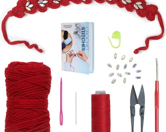 DIY Crochet Beaded Tie Headband Kit, Boho Lace Hair Accessory Craft Kit, Wool, Hook & Crystal Beads, Handmade Gift