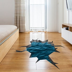 3d Floor Sea Decal - The Flooring Ocean Hole Sticker Decor For Kid Living Room Bathroom - Large Removable Water Illusion Portal Mural