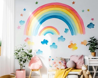 Boho Rainbow Wall Decor Stickers - Watercolor Clouds Stars Decals - Blue Cloud Decals for Nursery and Kids room - Rainbows Walls Decoration