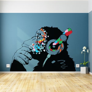 Banksy Monkey With Headphones Wall Sticker Large Bansky Thinking Dj Chimp Vinyl Decal Music Street Art Graffiti Gorilla Thinker Mural image 1