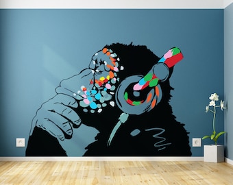 Banksy Monkey With Headphones Wall Sticker - Grande Bansky Thinking Dj Chimp Vinyl Decal - Music Street Art Graffiti Gorilla Thinker Mural