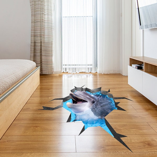 3d Floor Dolphin Decal - Le décor d’autocollant Ocean Hole pour salle de bain de salon pour enfant - Grande murale amovible Sea Illusion Portal