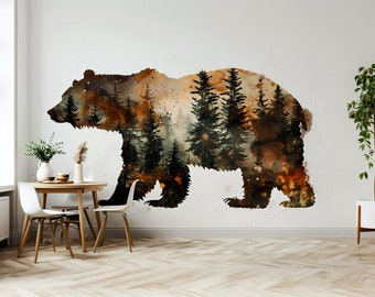 Adesivo da parete sagoma orso foresta autunnale - scena maestosa del bosco Bruin Nature decalcomania in vinile per decorazioni rustiche per la casa - decalcomania orso bruno