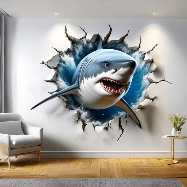 3D Great White Shark Wall Sticker - Realistic Shark Bursting Through Wall Decal - Dynamic Water Explosion Effect for Thrilling Room Decor