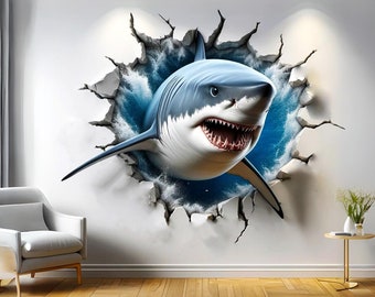 3D Great White Shark Wall Sticker - Realistic Shark Bursting Through Wall Decal - Dynamic Water Explosion Effect for Thrilling Room Decor